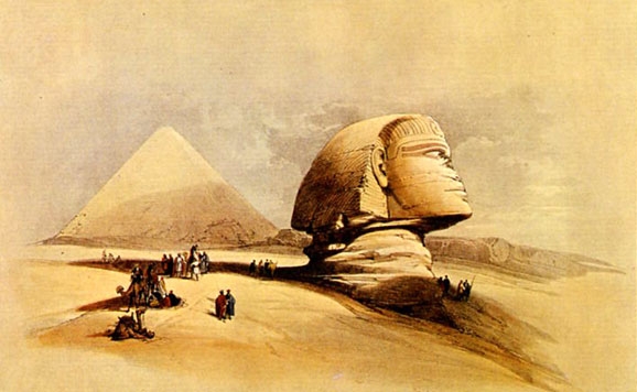 Dibujo de la Esfinge con pirámide al fondo. – Agencia Viajes Próximo Oriente
